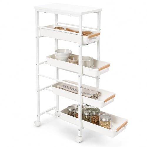 Garvee 5-Tier Slim Rolling Storage Cart, 8.1" Wooden Top Narrow Kitchen Carts on Wheels with Pull-Out Baskets, Mobile Shelving Unit Organizer for Kitchen, Bathroom, Laundry Room, Small Spaces