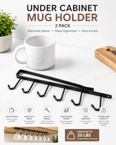Under Cabinet Mug Holder 2 Pack, 6 Hooks Under Shelf Mug Organizer, Heavy Duty Metal Coffee Cup Holder Rack for Kitchen Cabinet, Space Saving Hanging Storage