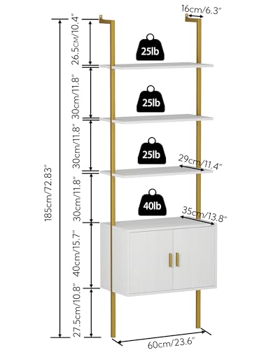 Yusong 73" Tall Bookshelf with Cabinet, Industrial Ladder Wall Mount Shelf Bookcase with Wood and Metal Frame, Plant Shelf Wall Storage Display for Living Room Bedroom, White Gold - color: White