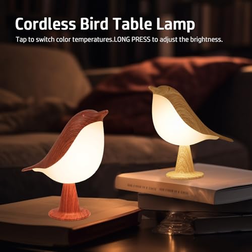 Deogos 2 Cute Bird Lamps Combo,Small Bedside Lamps with 3 Color Temperature and Adjustable Brightness,Rechargeable Cordless Lamp for Bedroom Nightstand Bedside Table (Wood Tone + Red) | 2 Packs Bird Night Light, Rechargeable Table Lamp with 3 Color Modes