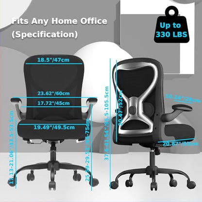 Ergonomic Home Office Chair, 4-Way Lumbar, Thick Cushion, 330LBS | Adjustable Lumbar (up/down/in/out), Rocking Mesh Back, Flip-up Arms, Easy Assembly, Ideal for home offices & small workspaces - color: Black With Finish Silver