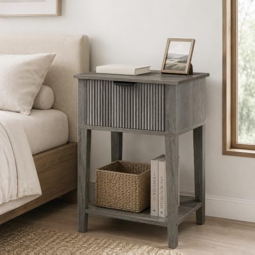Weathered Gray 15.4" Wide Small Nightstand, Drawer,Open Shelf,Fluted | Weathered gray tone, ribbed fluted front, 11.8-inch slim depth, concealed storage, cool fit for sofa side or chair side - color: Weathered Gray