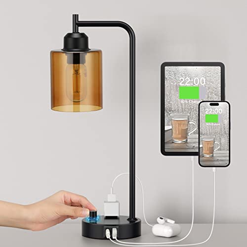 Innqoo Industrial Small Desk Lamp for Nightstand - Amber Clear Glass Shade Table Lamp with USB C Port, Fully Dimmable Black Bedside Lamp with USB Port and Outlet, Bedroom Lamp for Reading Office - color: Amber