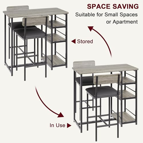 Dining Table Set for 2, 3-Piece Bar Table Set with 2 Stools, Space-Saving Counter Height Dining Set with 3-Tier Storage Shelves for Small Kitchens, Apartments, Breakfast Nooks - color: Grey