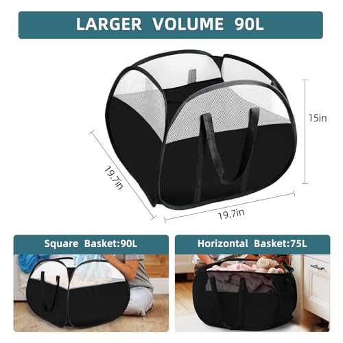 Laundry Basket with Handles 90L, Collapsible Laundry Baskets, Foldable Laundry Basket, Tear-proof Dirty Clothes Pop Up Hampers for Laundry, Bedroom, Bathroom, Dorm, Kids Room, Travel or Campout Black - color: Black