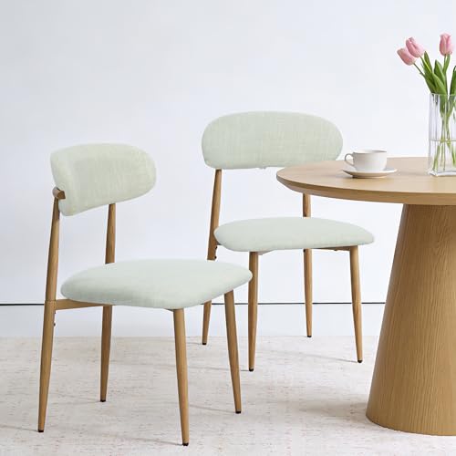 FREKEN Modern Upholstered Dining Chairs Set of 2, Mid-Century Metal Frame with Wood Grain, Linen Fabric Side Chair for Kitchen Dining Room, 350lbs Capacity, Beige - color: Beige - Wood Grain Legs, size: Set of 2