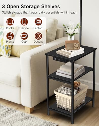 Floor Lamp with Table & Remote, Side End Table with Charging Station, Dimmable Nightstand with 3 Color Temperatures, 1-Hour Timer, 12W LED Bulb, for Living Room, Bedroom(Black) - color: Black