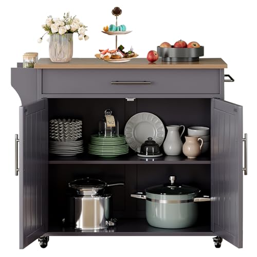 Kitchen Storage Island, Wooden Rolling Island On Wheels with Countertop, Mobile Kitchen Island Cart with Towel Rack, Spice Rack and Drawers, Grey - color: Grey