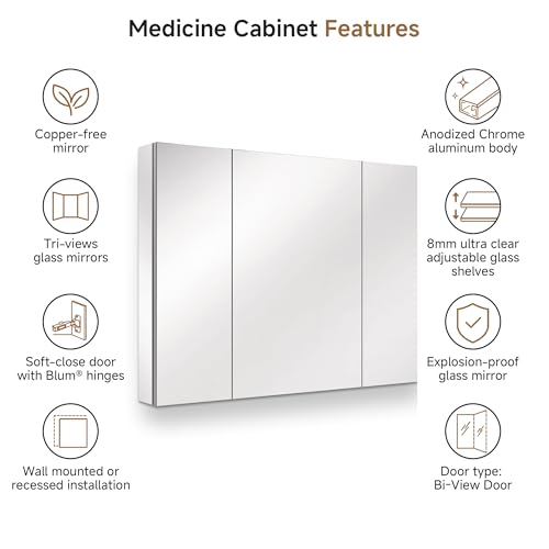 40" x 30" Bathroom Medicine Cabinet with Mirror, Recessed or Wall Mount | Medicine Cabinets with Adjustable Glass Shelves, Soft-Closed Hinge, Chrome Aluminum Frame, Reverse Installation - size: 40" x 30"