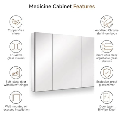 40" x 30" Bathroom Medicine Cabinet with Mirror, Recessed or Wall Mount | Medicine Cabinets with Adjustable Glass Shelves, Soft-Closed Hinge, Chrome Aluminum Frame, Reverse Installation - size: 40" x 30"