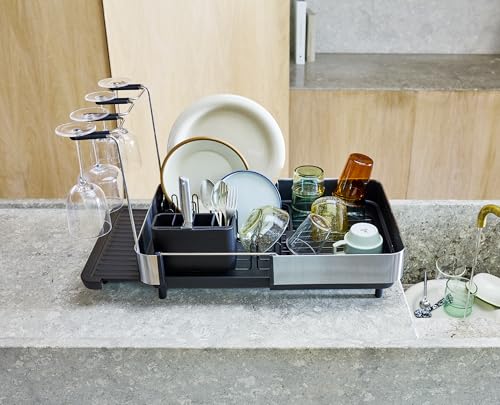 Joseph Joseph Extend Steel Plus Extendable Dish Rack Steel, Small to Large Dish Drainer with Wine Glass Holder & Drain Spout, Black - color: Black, style: Plus