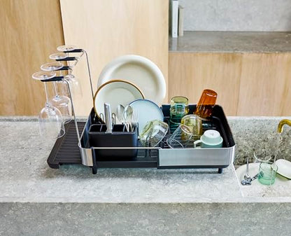 Joseph Joseph Extend Steel Plus Extendable Dish Rack Steel, Small to Large Dish Drainer with Wine Glass Holder & Drain Spout, Black - color: Black, style: Plus