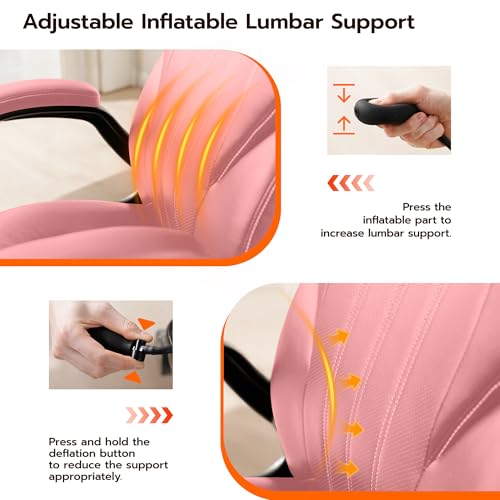 Ylzyxal Office Desk Chair, Ergonomic Computer Chair with Padded Flip-Up Arms and Adjustable Lumbar Support, PU Leather Executive Chair with Tilt Lock and 360° Swivel Rolling Wheels for Work, Study - color: Pink