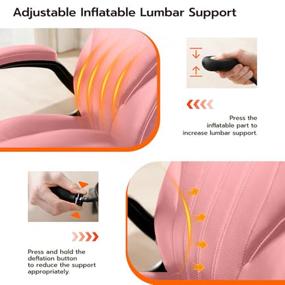 Ylzyxal Office Desk Chair, Ergonomic Computer Chair with Padded Flip-Up Arms and Adjustable Lumbar Support, PU Leather Executive Chair with Tilt Lock and 360° Swivel Rolling Wheels for Work, Study - color: Pink