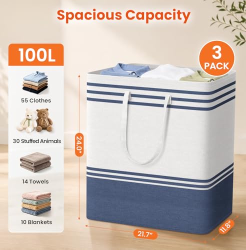 TranquilRelax 3-Pack Laundry Basket, Laundry Hamper, Blue-100L | Freestanding＆Water-Resistant Laundry Hamper, Collapsible Tall Clothes Hamper with Carry Handles for Clothes, Laundry Basket - color: Blue, size: 100L