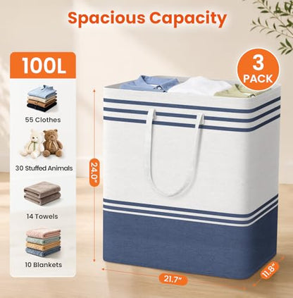 TranquilRelax 3-Pack Laundry Basket, Laundry Hamper, Blue-100L | Freestanding＆Water-Resistant Laundry Hamper, Collapsible Tall Clothes Hamper with Carry Handles for Clothes, Laundry Basket - color: Blue, size: 100L