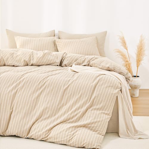 Wake In Cloud - Striped Cotton Duvet Cover Set, Ticking Stripe Vertical Pinstripe Farmhouse, 100% Washed Cotton Textured Bedding Set, 3 Pieces, Tan, Full Size - color: Tan, size: Full