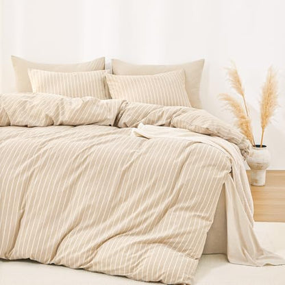 Wake In Cloud - Striped Cotton Duvet Cover Set, Ticking Stripe Vertical Pinstripe Farmhouse, 100% Washed Cotton Textured Bedding Set, 3 Pieces, Tan, Full Size - color: Tan, size: Full