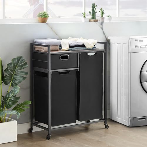 Zevemomo Large Rustic Brown & Black Laundry Basket with Wheels, 3 Compartments, 60L Capacity, Floor Mount, Laundry Room & Bathroom
