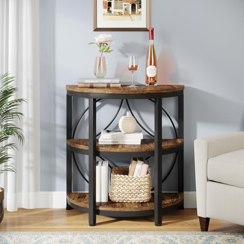 Tribesigns Half Round End Table for Living Room, 3-Tier Half Circle Side Table with Metal Frame, Industrial Half Moon Table, Half Coffee Accent Table Bedside Table for Bedroom, Brown - color: Rustic Brown