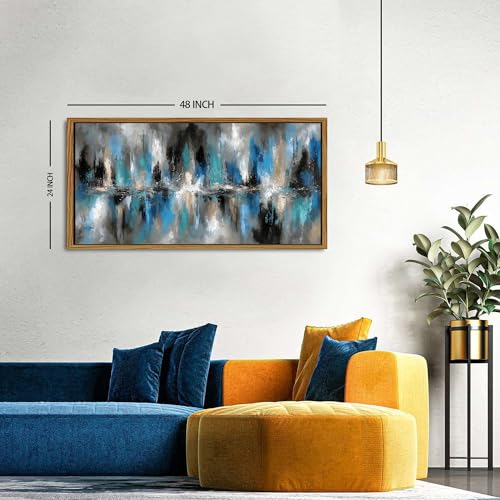 Black Framed Navy Blue Abstract Canvas Wall Art Modern Minimalist Painting for Bedroom Neutral White Blue and Grey Picture Wall Decor Graffiti Artwork for Bathroom Living Room Home Decoration 24x48 - color: Abstract, size: 24"L x 48"W