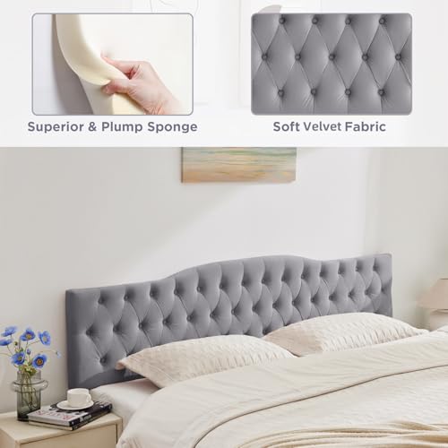 Iroomy Upholstered King Headboard, Button Diamond Tufted Headboard with Adjustable Height and Solid Wood Leg, Velvet Padded Headboards for King Size Bed, Modern Head Board (Grey) - color: Grey-velvet, size: King