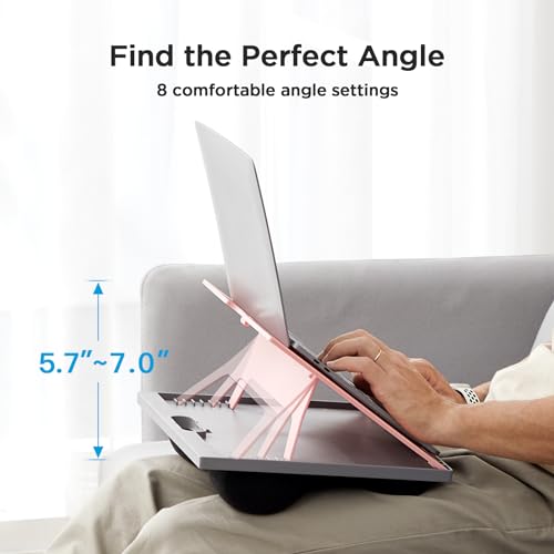HUANUO Adjustable Lap Desk - with 8 Adjustable Angles & Dual Cushions Laptop Stand for Car Laptop Desk, Work Table, Lap Writing Board & Drawing Desk on Sofa or Bed, Pink | Dual-cushion base, carry handle, 30% thicker for durability, wider anti-slip ledge,