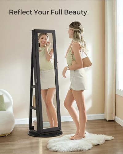 SONGMICS 360° Swivel Jewelry Cabinet, Lockable Jewelry Organizer with Full-Length Mirror, Rear Storage Shelves, Interior Mirror, Jewelry Armoire, Gift Idea, Black UJJC006B01 - color: Black, style: Framed Mirror, Classic
