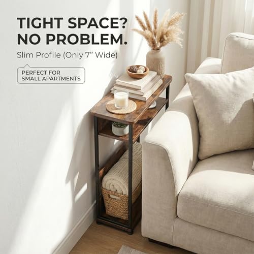 YEAKOO Narrow Side Table,3-Tier End Table with Storage Shelf,Modern Sofa Table Thin Side Table for Narrow and Small Spaces, Skinny Bedside Table Small Nightstand with Magazine Rack Space Saving/Brown - color: Rustci Brown