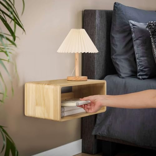 Floating Nightstand, Wall Mounted Bedside Table Wood Bedside Shelf Floating Shelves for Bedroom Bathroom Kitchen Office 18”x 10”x 7.5” Natural - color: Crude Wood