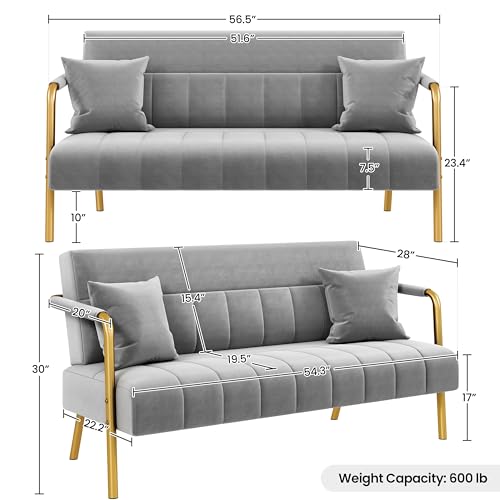 Yaheetech 56.5" Small Sofa 2 Seater Couch with Gold-Tone Legs, Light Gray | Small Sofa Loveseat Velve 2 Seater Couch with Tufted Back Gold Metal Frame 2 Pillows for Office, Studio,Living Room - color: Light Gray, size: 56.5" W