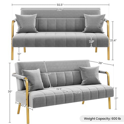 Yaheetech 56.5" Small Sofa 2 Seater Couch with Gold-Tone Legs, Light Gray | Small Sofa Loveseat Velve 2 Seater Couch with Tufted Back Gold Metal Frame 2 Pillows for Office, Studio,Living Room - color: Light Gray, size: 56.5" W