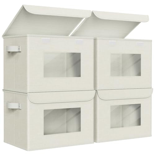 Univivi Fabric Storage Bins with Lids for Clothes 4 Pack, Beige Linen | 17 x 12 x 12 In Foldable Storage Boxes with Handles, Clear Window, Closet Organizers for Home, Bedroom - color: Linen Beige