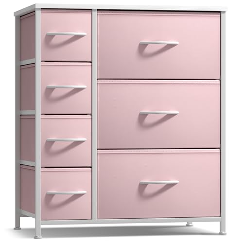 Sorbus Dresser with 7 Drawers - Furniture Storage Chest for Kid’s, Teens, Bedroom, Nursery, Playroom, Clothes, Toys - Steel Frame, Wood Top, Tie-dye Fabric Bins (7-Drawer, Pastel Pink) - color: Pastel Pink