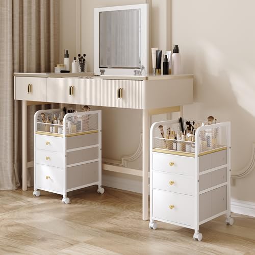 Rolling Makeup Organizer Cart with Drawers Under Desk Storage for Vanity | Vanity Cart Bathroom Storage Cart Cosmetic Vanity Display Cases Holder for Nail Polish Brush Hair Tool - color: White