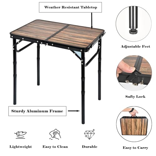 Small Folding Camping Table, 2ft Portable Picnic Table Aluminum 24" x 16" Folding Table, 3 Adjustable Heights Portable Lightweight Table Dining Table for RV, Picnic, Beach (Wood Grain) - color: Wood Grain