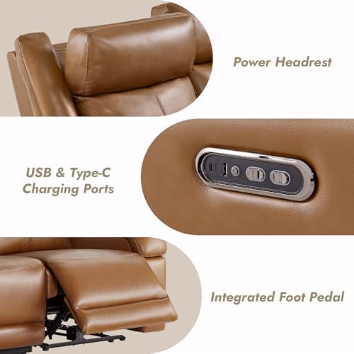 Watson & Whitely Wall Hugger Power Reclining Sofa with Console, Saddle | Genuine Leather Recliner Sofa, Power Headrests, Center Storage Console, Cup Holders, 3-Seater Couch, Living Room & RV - color: Saddle Brown, style: 3 Seater Sofa (with console)