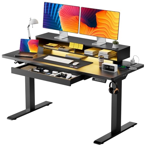 GTPLAYER Electric Standing Desk with Drawers, 48 x 24 Inch Height Adjustable Gaming Desk with Monitor Stand, Power Outlets & LED Lights, Home Office Sit Stand Up Desk with Memory Preset (Black) - color: Black, size: 48*24"