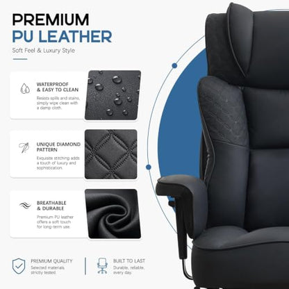 Office Desk Chair, High-Back Big and Tall Leather Chair with Footrest | Ergonomic Reclining Computer Chairs, Comfy Executive Wide Chair with Lumbar Support (Black) - color: Black