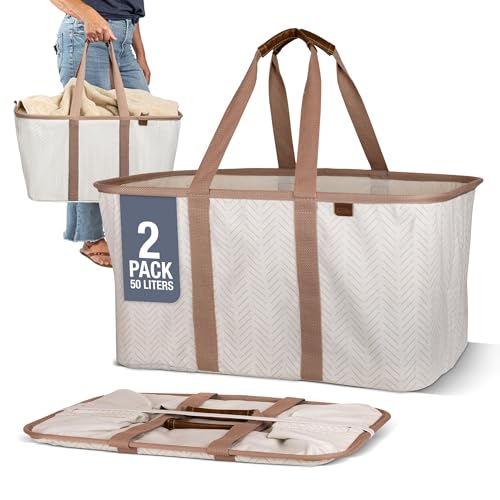 Collapsible Fabric Laundry Basket Tote Premium, Herringbone, 2 Pack | Bring a Polished Look to Laundry Day | Cotton-Blend Fabric and Vegan Leather Pair with Long Handles and 55 lb Support - color: LUXE Cream Herringbone