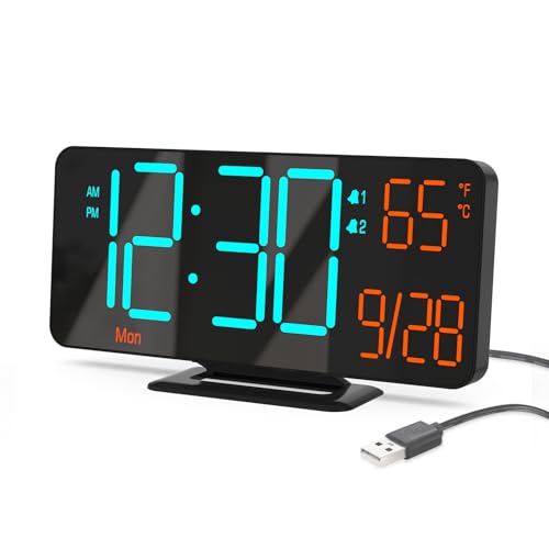Alarm Clocks for Bedrooms, 6.7" Black Small Digital Clock LED, Desk Alarm Clock with Auto Dimming,Seconds, Day of Week, Indoor Temperature,Clocks for Living Room - color: Black (Blue+orange Digits)