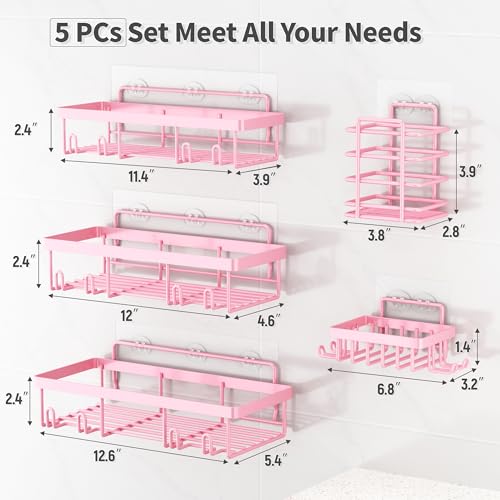 Liuoud 5 Pack Shower Caddy for Inside Shower, Pink Bathroom Decor Set | Large Rustproof Stainless Steel Organizer with Strong Adhesive, No Drilling Wall Shelves, Cute Girly Bathroom Accessories - color: Pink, size: Large