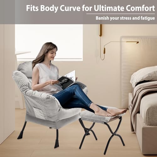 Youtanic Lazy Chair with Folding Ottoman, Accent Chair Velvet Upholstered with Metal Structure and Non-Slip Pads, Sofa Armchair with Footrest and Side Storage Bag for Dorm, Room, Office, Light Gray - color: Light Gray