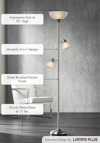 360 Lighting Ellery 72" Tall Nickel Tree Torchiere 3-Light Floor Lamp | Modern Standing Brushed Silver Frosted White Glass Shade Decor for Living Room Reading House Bedroom Office