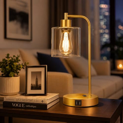 Industrial Touch Control Table Lamps Set of 2 - Gold Nightstand Bedside Lamps with 2 USB Ports & AC Outlet, 3-Way Dimmable Desk Lamp for Bedroom Living Room, Glass Shade & 2 LED Bulbs Included - color: Gold(2 Pack) - Clear Glass-Touch Control
