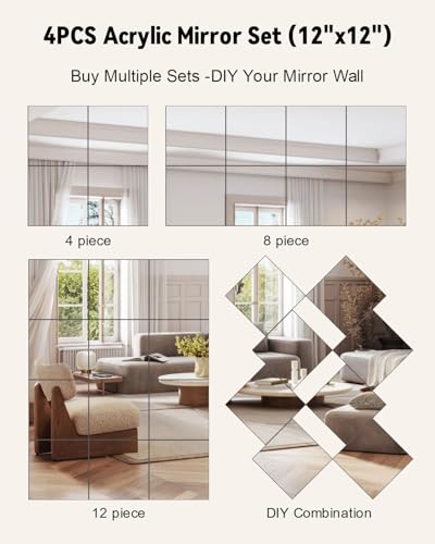 Full Length Wall Mirror Tiles, 12'' x 12'' x 4PCS, Acrylic Unbreakable Full Body Mirror for Bedroom Squares Shatterproof Mirror Sheets Wall Mounted for Home Gym Door Plexiglass Mirrors Safe for Kids - size: 12x12Inchx4Pack