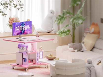 Pamray Small Gaming Desk Rolling Computer Table Pink | Movable, with Led Lights Power Outlets, with Storage Pegboard and Hook, Sturdy, Suitable for Study Gaming Bedroom Dorm - color: Pink