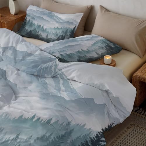 Duvet Cover,Microfiber Reversible Mist-shrouded tranquil forest California King Duvet Cover Set with Zipper Closure,3 Pieces Soft & Breathable Snow Mountain Range Bedding Set with 2 Pillow Shams - size: California King（104 x 98 in）
