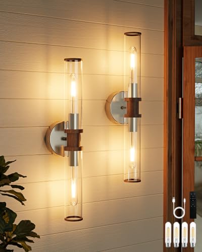 Rayogale Nickel & Walnut Wireless Battery Operated Wall Sconces with Remote | Glass Rechargeable Wall Lights Set of 2 with Timer Function Dimmable for Living Room Bedroom Emergency 3000K, 20.5 Inch - color: Nickel & Walnut(Clear Tubular Lampshade)