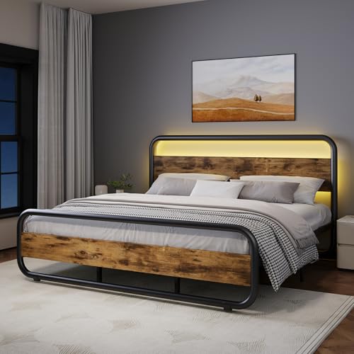 King Size Bed Frame, Wood Headboard and Footboard, LED Lights, Rustic Brown | Metal Platform with Heavy Duty Metal Slats Support/12 in Under-Bed Storage/Noise-Free/No Box Spring Needed/Easy Assembly - color: Rustic Brown, size: King (U.S. Standard)
